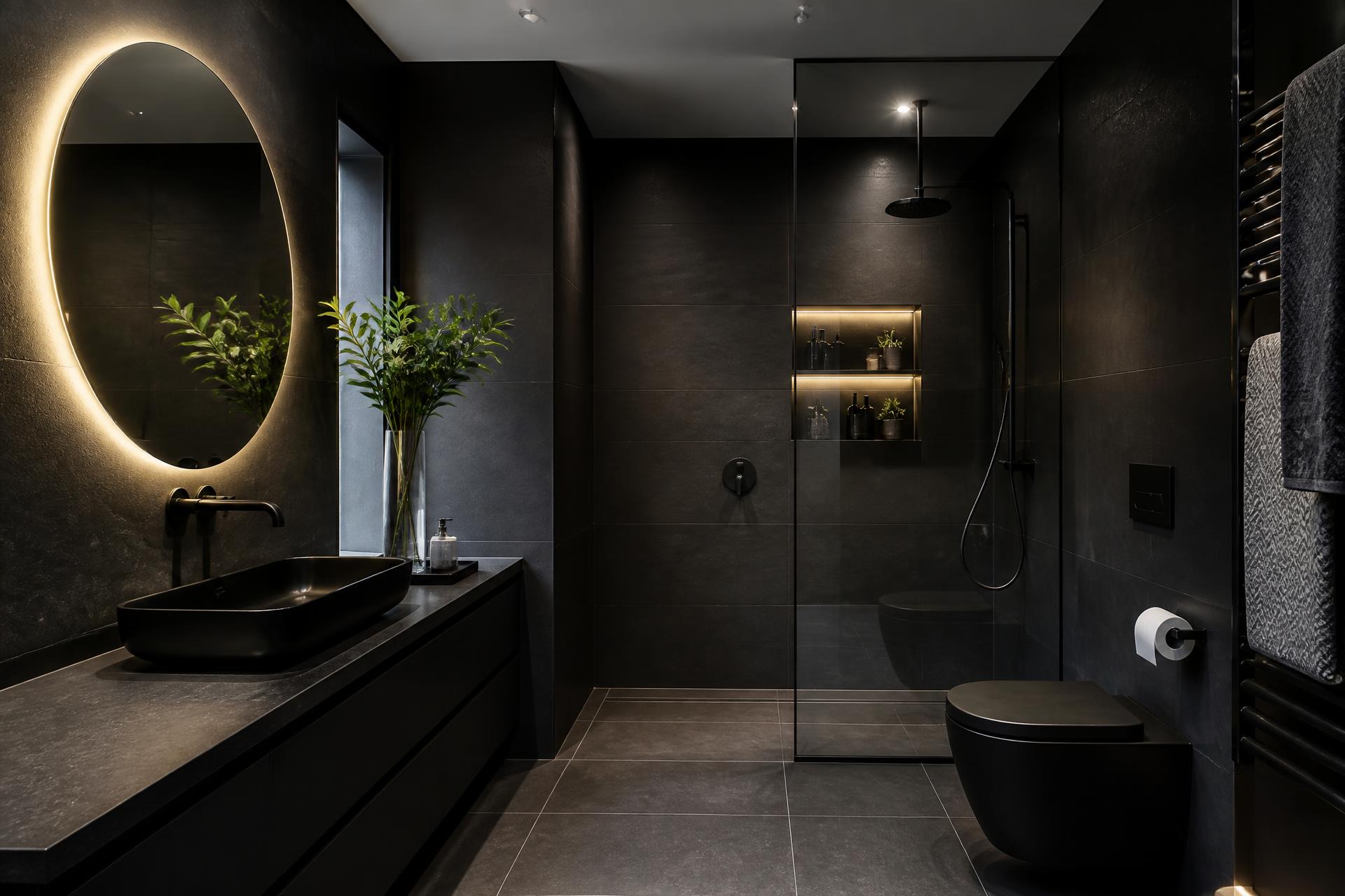 Modern dark bathroom renovation by Daper Bathrooms